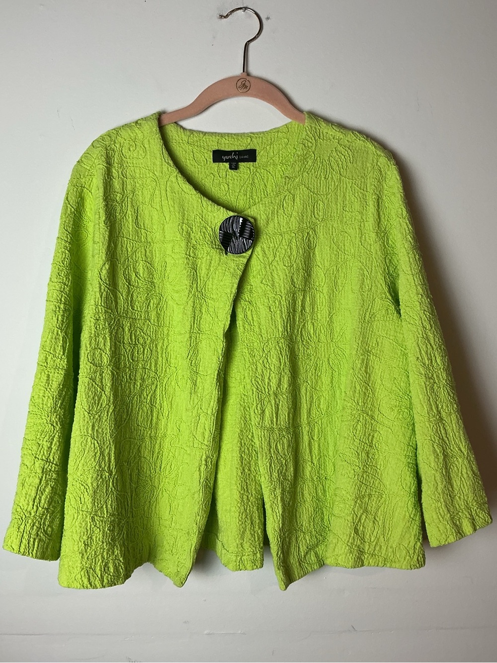 Yushi “Art to Wear” Green Textured Floral One-Button Short Jacket Women's XL
